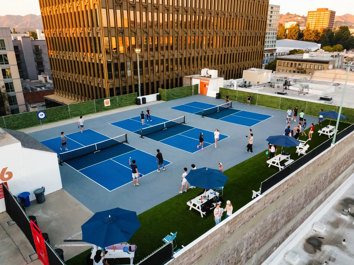 Golden-hour view of the rooftop: games on all three courts and a crowd on the turf lounge, Downtown Berkeley behind