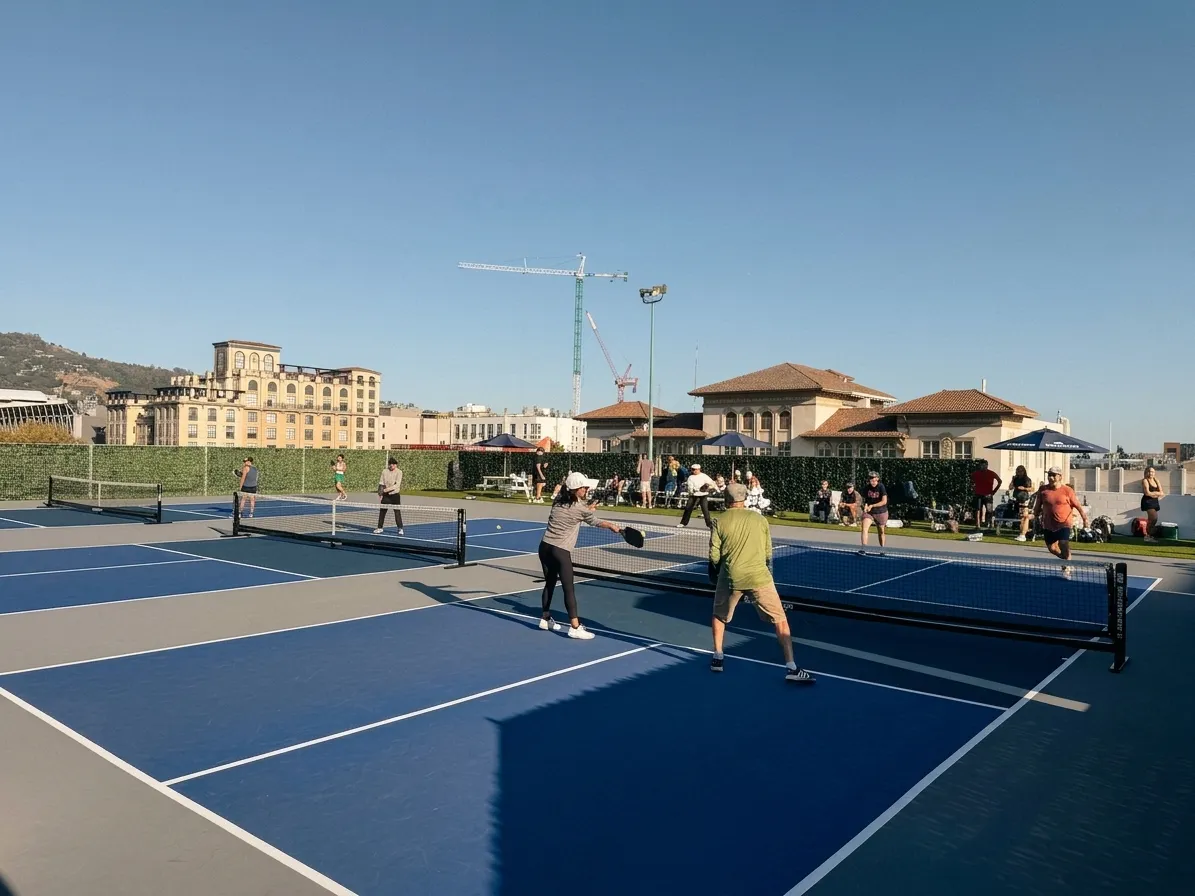 Members playing on the rooftop courts at golden hour, the Berkeley hills behind